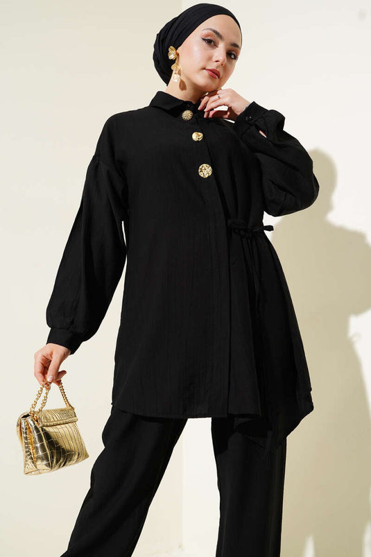 Gold Düğmeli İp Detaylı İkili Takım Siyah