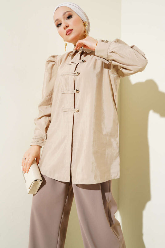 Gold Buttoned Rope Belted Shirt Beige