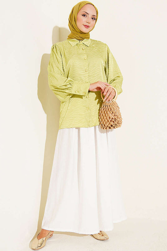 Gold Düğmeli Jakar Saten Gömlek Fıstık Yeşili