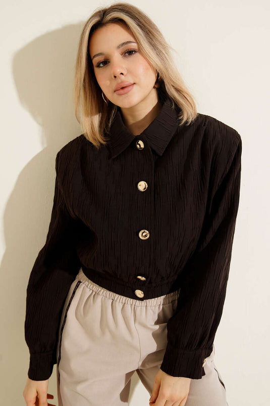 Short Jacket with Gold Buttons and Embossed Design Brown