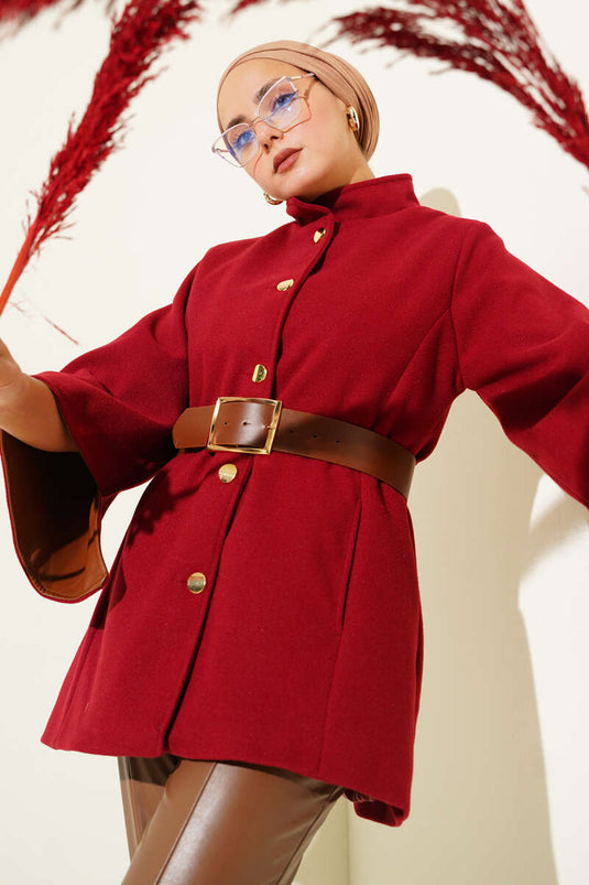 Gold Buttoned Cashmere Poncho Burgundy