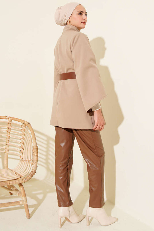 Gold Düğmeli Kaşe Panço Camel