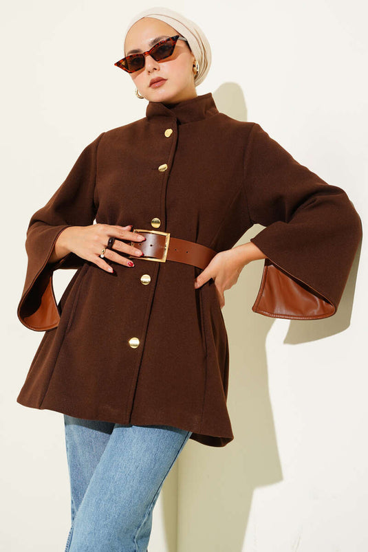 Gold Buttoned Cashmere Poncho Brown