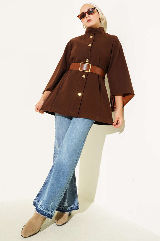 Gold Buttoned Cashmere Poncho Brown
