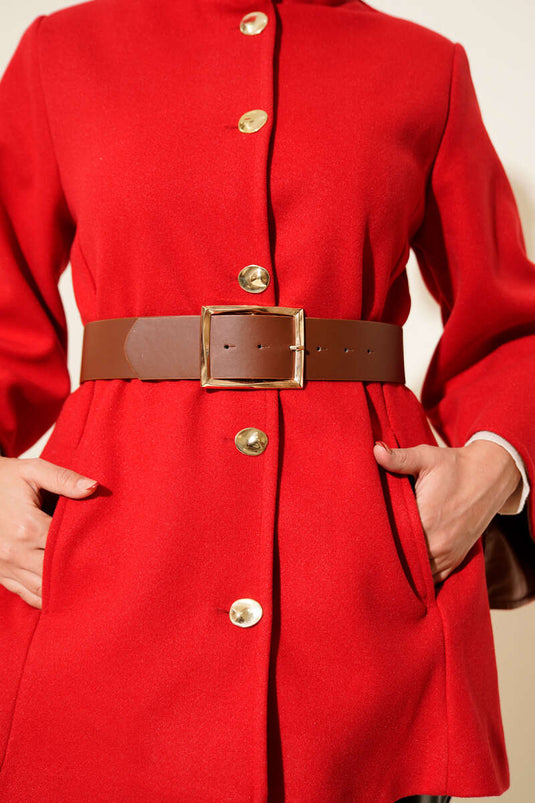 Gold Düğmeli Kaşe Panço Kırmızı