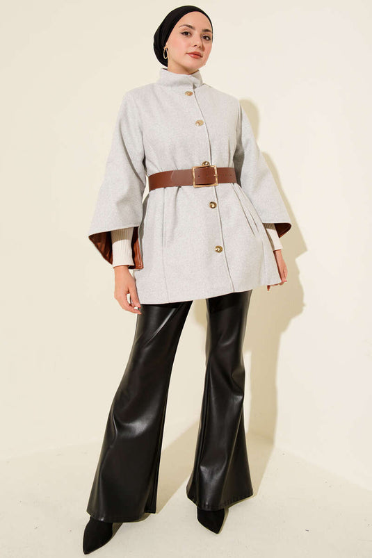 Gold Düğmeli Kaşe Panço Melanj Gri