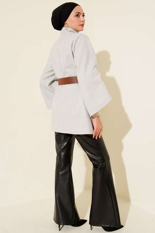 Gold Düğmeli Kaşe Panço Melanj Gri