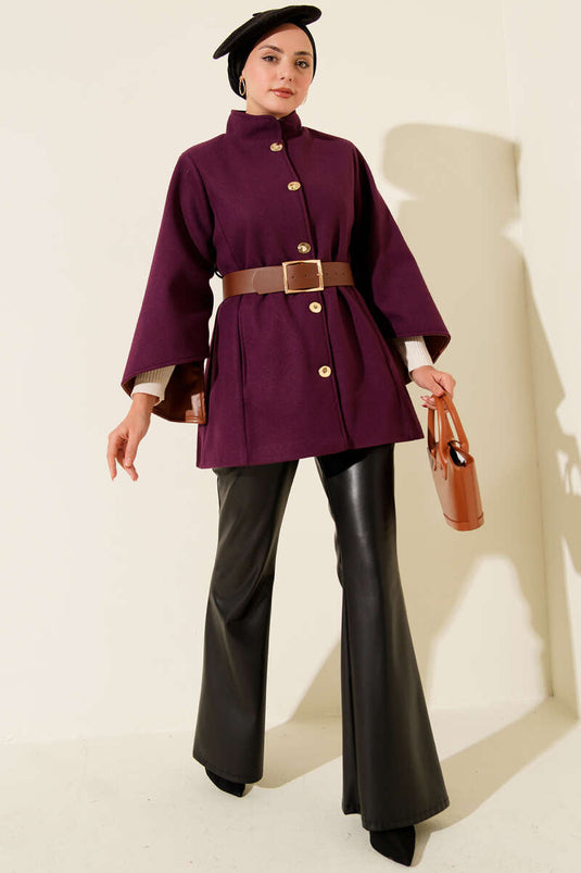 Gold Düğmeli Kaşe Panço Mor