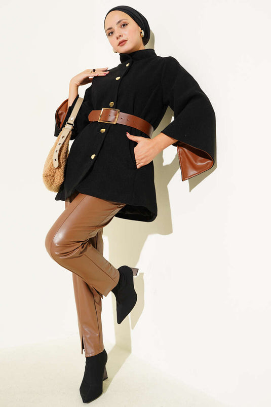 Gold Buttoned Cashmere Poncho Black