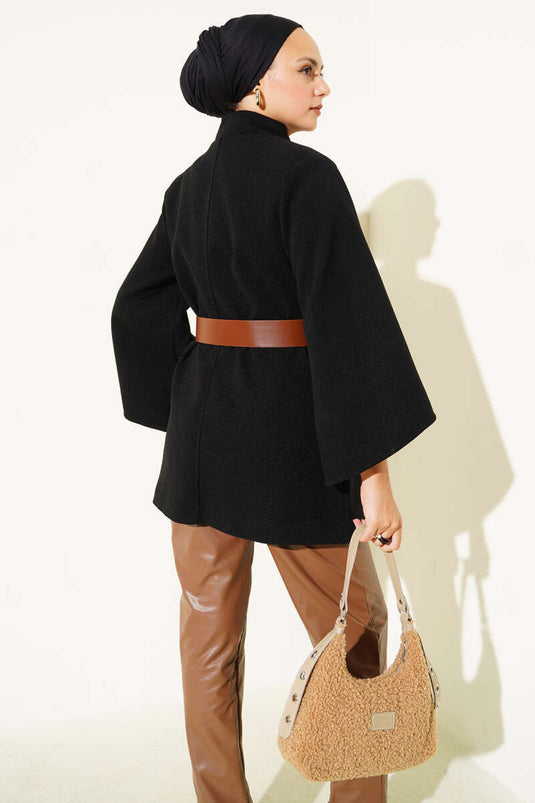 Gold Buttoned Cashmere Poncho Black