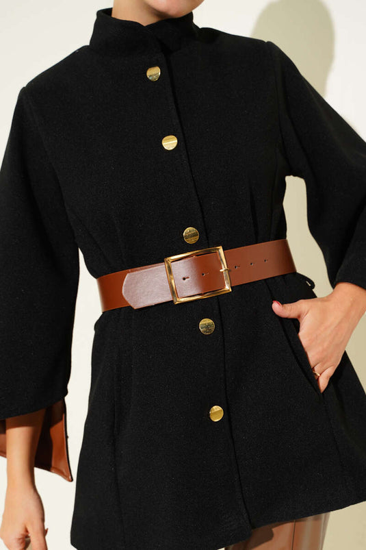 Gold Buttoned Cashmere Poncho Black