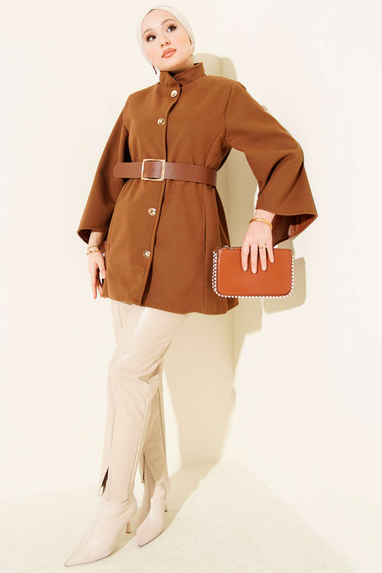 Gold Düğmeli Kaşe Panço Taba