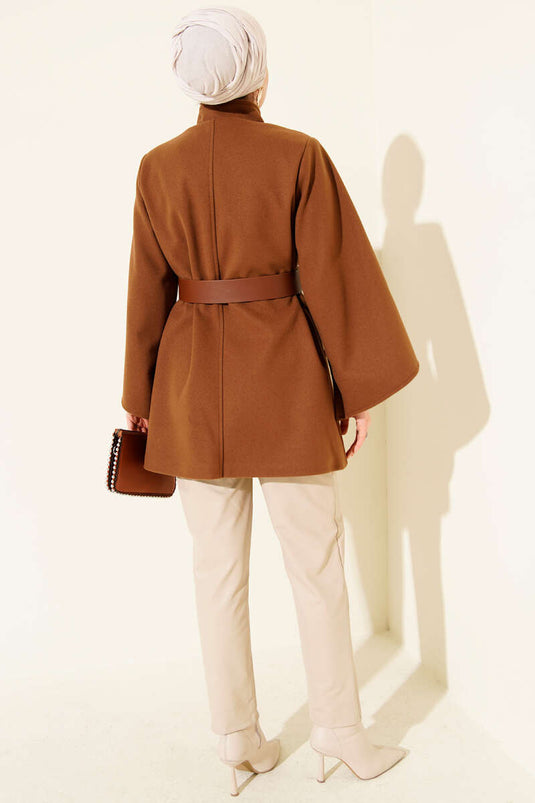 Gold Düğmeli Kaşe Panço Taba