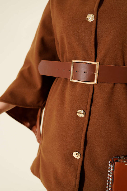 Gold Düğmeli Kaşe Panço Taba