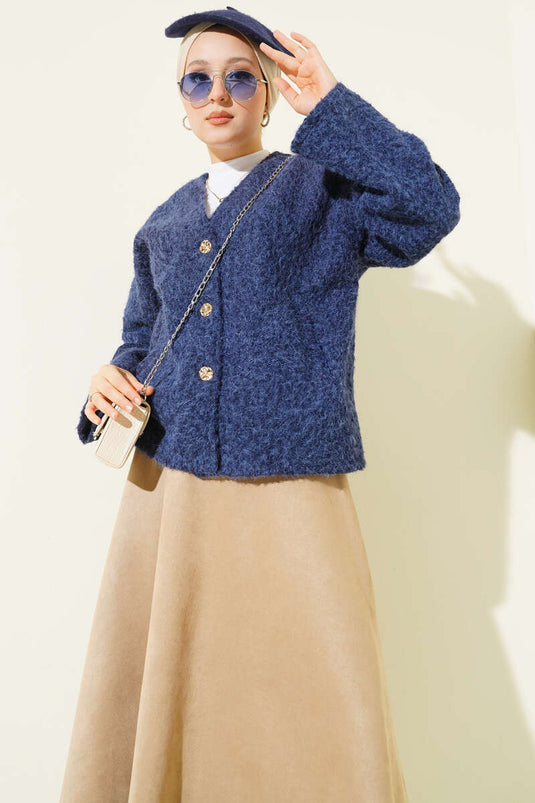 Gold Buttoned Felt Short Jacket Navy Blue