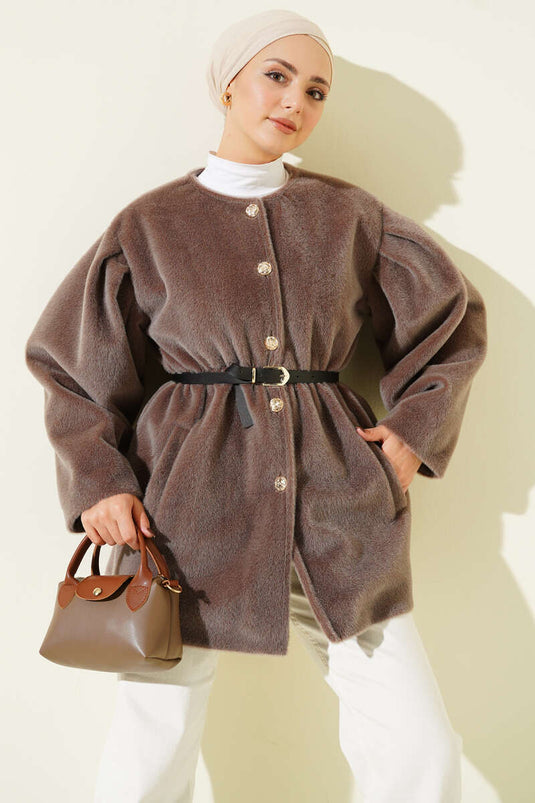 Veste Goldfox avec boutons et ceinture dorés, couleur châtaigne