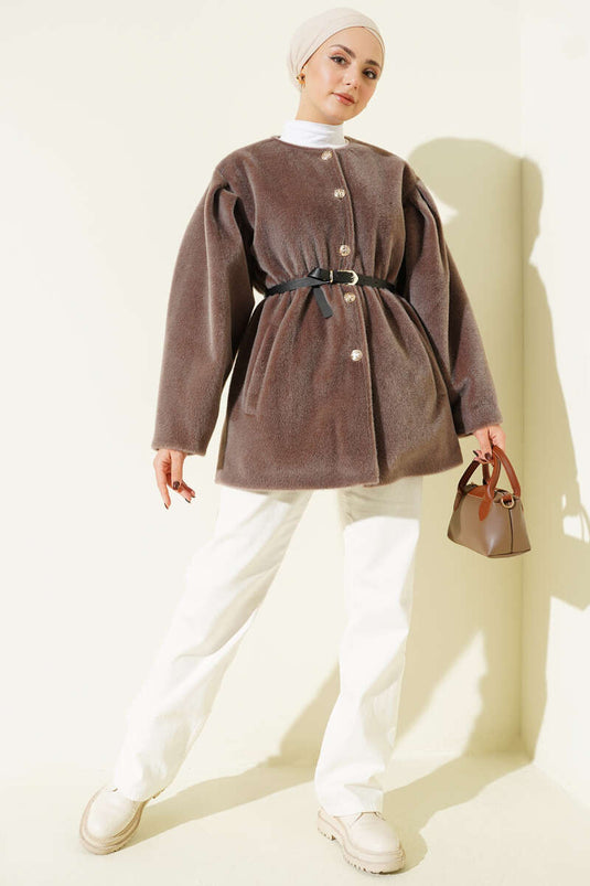 Veste Goldfox avec boutons et ceinture dorés, couleur châtaigne