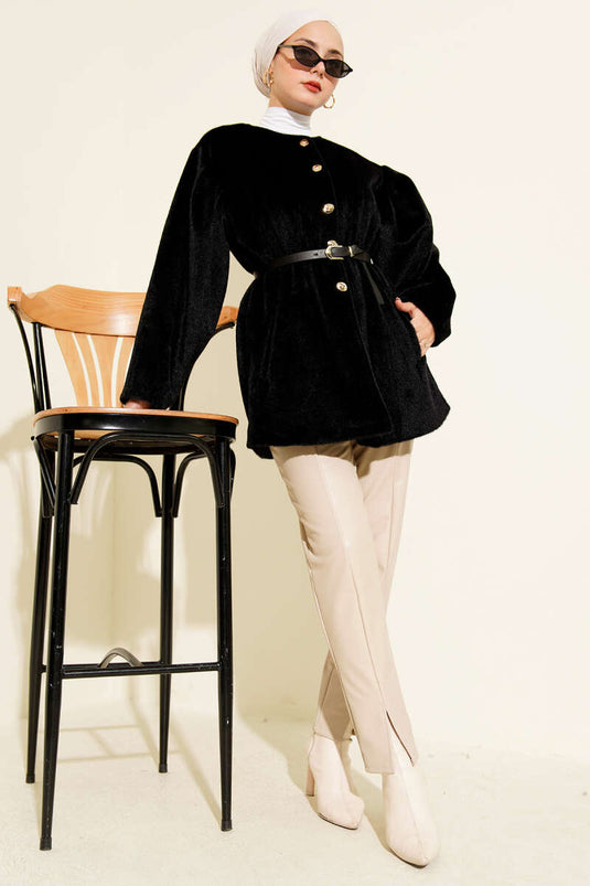 Gold Düğmeli Kemerli Goldfox Ceket Siyah