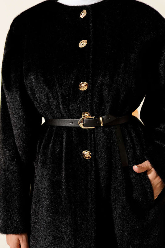 Gold Düğmeli Kemerli Goldfox Ceket Siyah