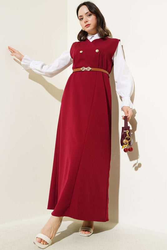 Robe gilet ceinturée à boutons dorés bordeaux