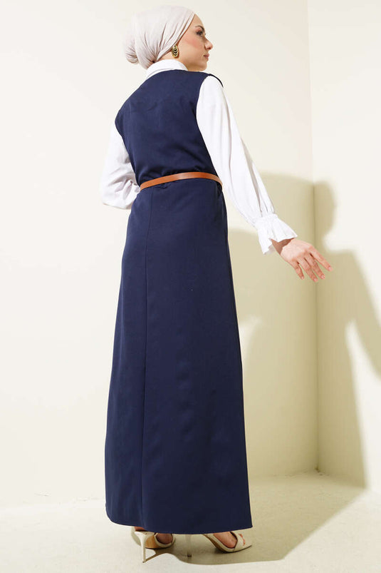 Robe gilet ceinturée à boutons dorés bleu marine