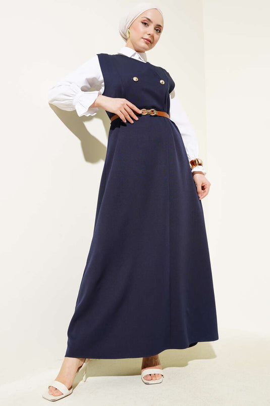 Robe gilet ceinturée à boutons dorés bleu marine