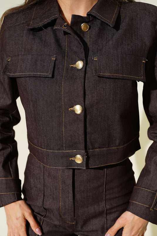 Brown Denim Trouser Set with Gold Buttons
