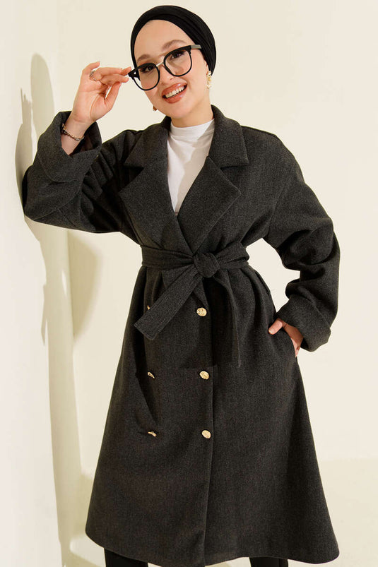 Manteau croisé en cachemire à boutons dorés Anthracite