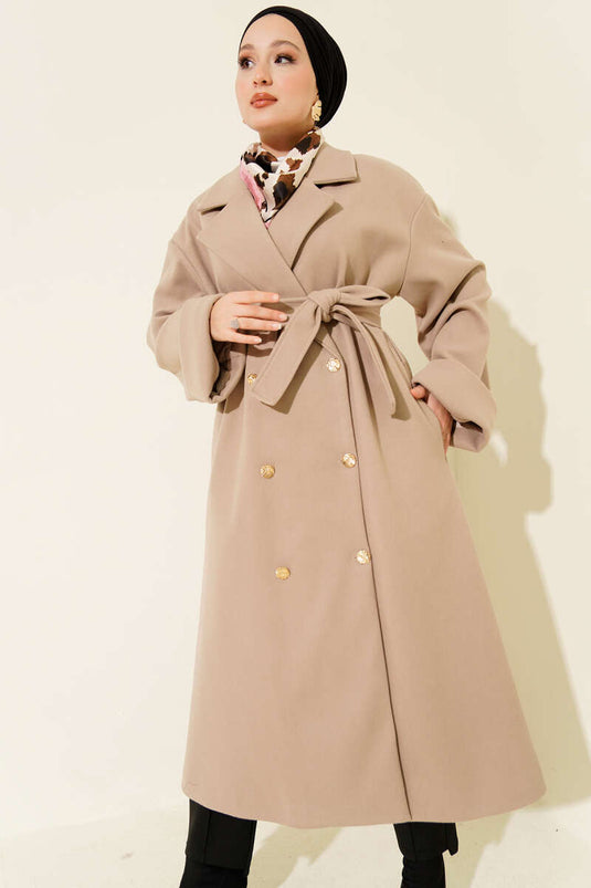 Manteau croisé en cachemire beige à boutons dorés