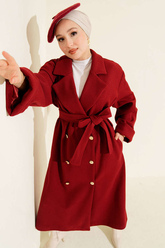 Manteau croisé en cachemire à boutons dorés, bordeaux