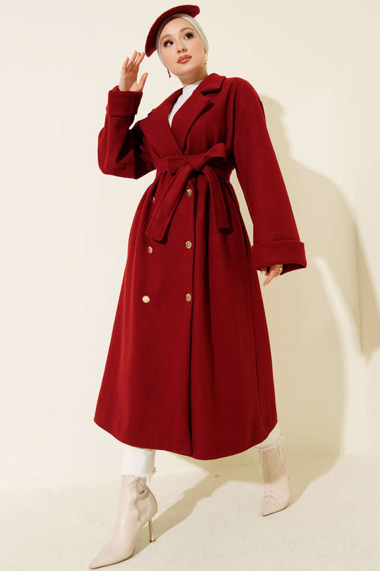 Manteau croisé en cachemire à boutons dorés, bordeaux