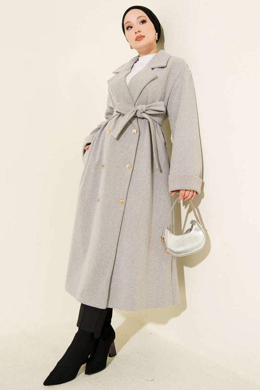 Double-breasted Cashmere Coat with Gold Buttons in Gray