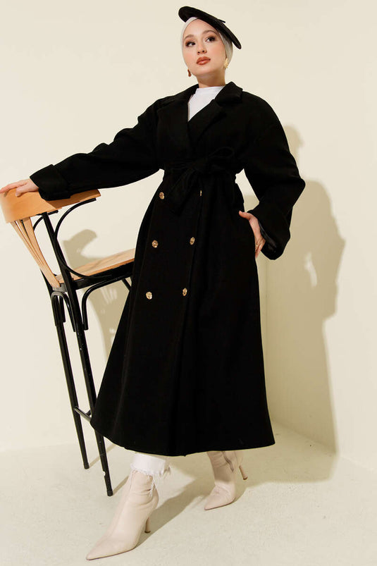 Manteau croisé en cachemire noir à boutons dorés