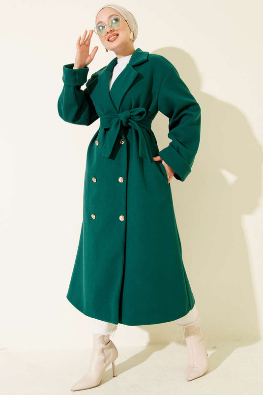 Manteau croisé en cachemire à boutons dorés Émeraude