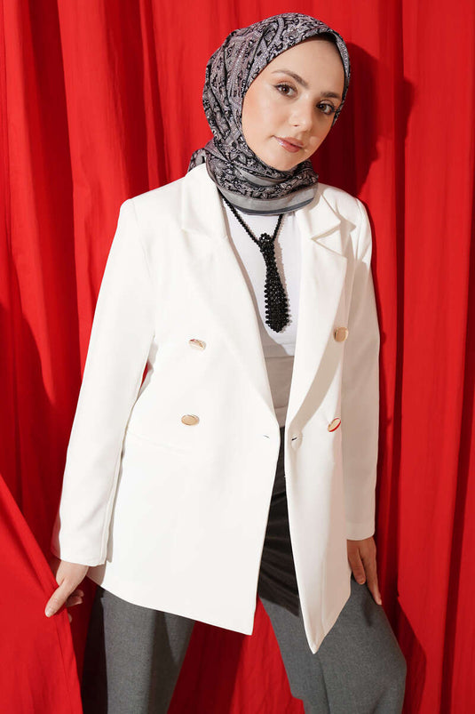 Blazer croisé à col avec boutons dorés, écru
