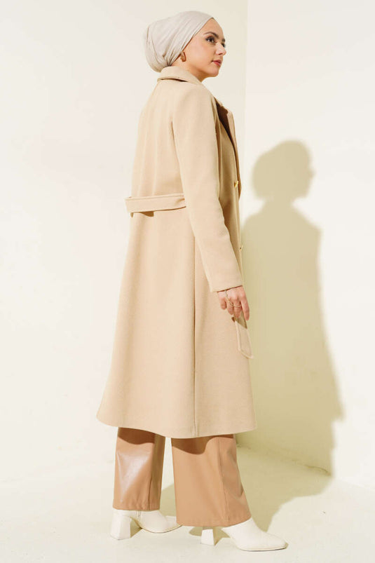 Gold Buttoned Belted Cashmere Coat Camel