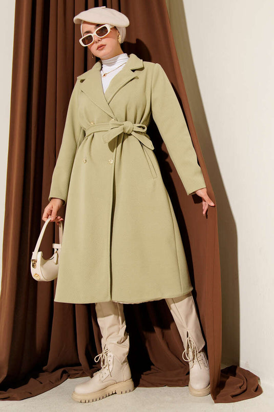 Manteau en cachemire à ceinture et boutons dorés, vert aqua