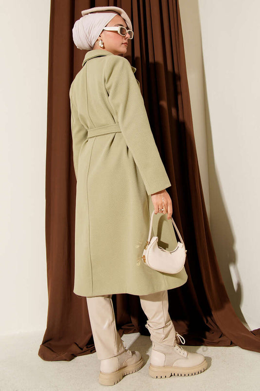 Manteau en cachemire à ceinture et boutons dorés, vert aqua