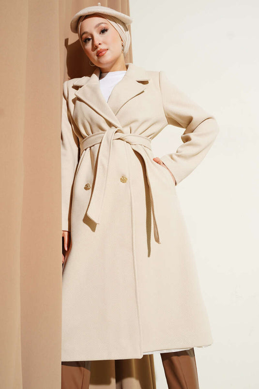 Gold Düğmeli Kuşaklı Kaşe Kaban Taş