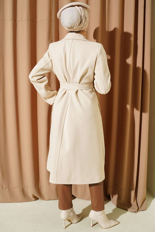 Gold Düğmeli Kuşaklı Kaşe Kaban Taş