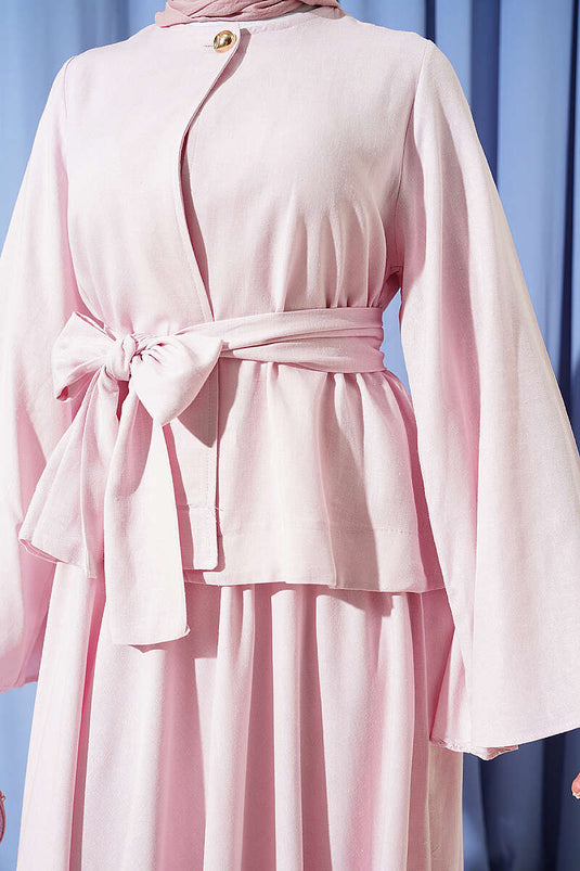 Ensemble jupe en lin avec ceinture et boutons dorés rose