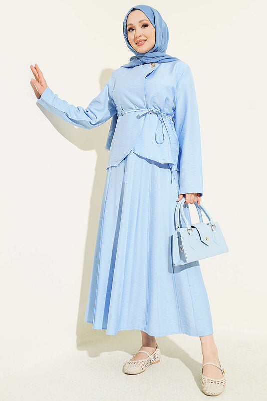 Gold Buttoned Belted Pleated Skirt Two-Piece Set Baby Blue