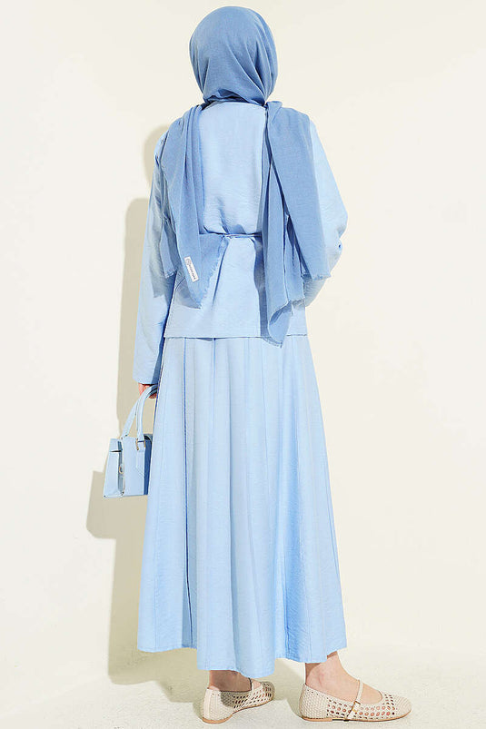 Gold Buttoned Belted Pleated Skirt Two-Piece Set Baby Blue