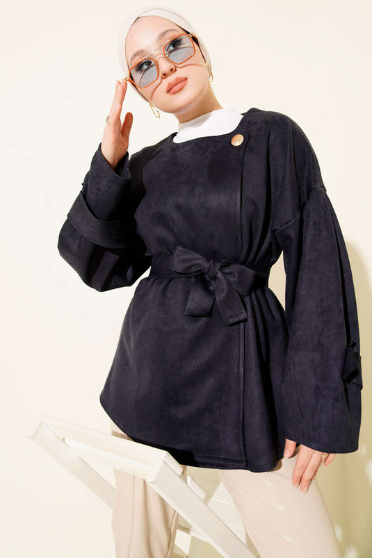 Gold Buttoned Belted Suede Jacket Navy Blue