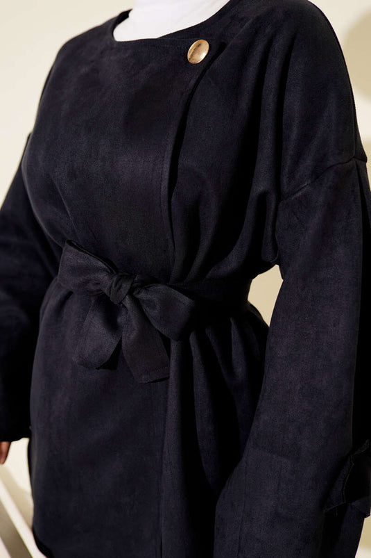 Gold Buttoned Belted Suede Jacket Navy Blue