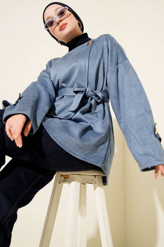 Gold Buttoned Belted Suede Jacket Blue