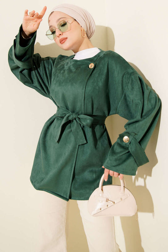 Gold Buttoned Belted Suede Jacket Emerald