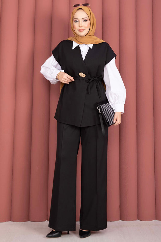 Ensemble pantalon et gilet ceinturé à boutons dorés noir