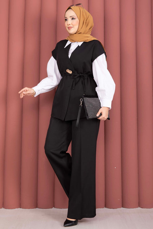 Ensemble pantalon et gilet ceinturé à boutons dorés noir