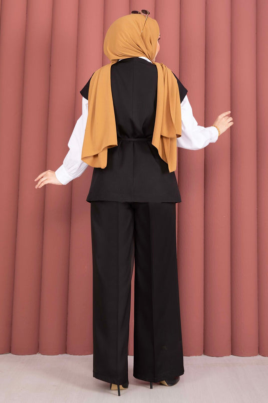 Ensemble pantalon et gilet ceinturé à boutons dorés noir